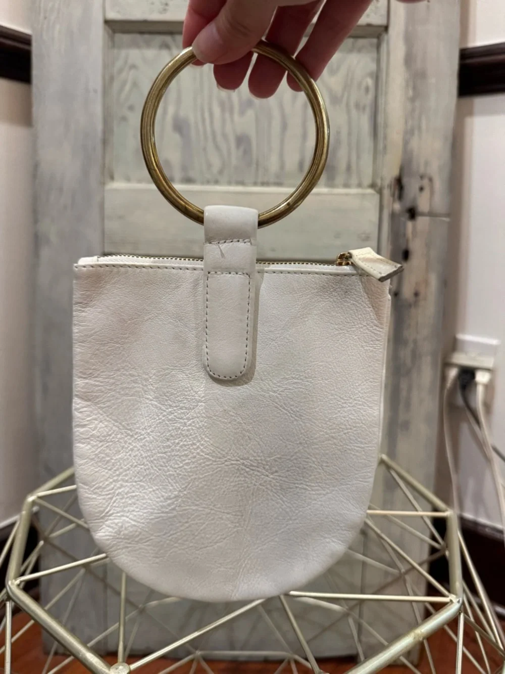 Otaat Myers Collective White Leather Designer Wristlet Gold-Tone Bracelet Handle
